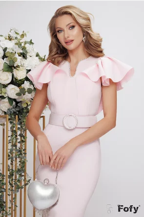 Rochie de ocazie eleganta din neopren roz cu volane la maneci si aplicatii de perle si strassuri