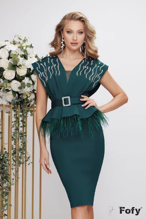 Rochie de ocazie eleganta din neopren verde cu peplum detalii argintii si pene