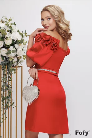 Rochie de ocazie eleganta din saten rosu cu aplicatii florale 3D si curea cu strassuri