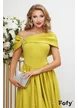 Rochie de ocazie eleganta lime din neopren pe umeri cu fusta in pliuri si cristale