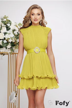 Rochie de ocazie eleganta lime din voal plisat premium cu umeri buretati si centura cu cristaleu