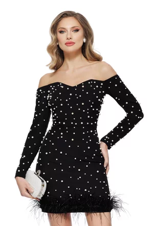 Rochie de ocazie eleganta neagra cu aplicatii de perle si pene