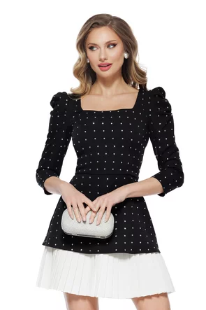 Rochie de ocazie eleganta neagra cu aplicatii de strasuri si volan plisat