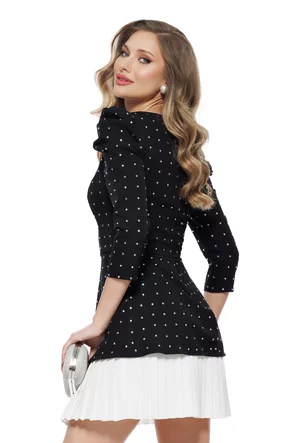 Rochie de ocazie eleganta neagra cu aplicatii de strasuri si volan plisat