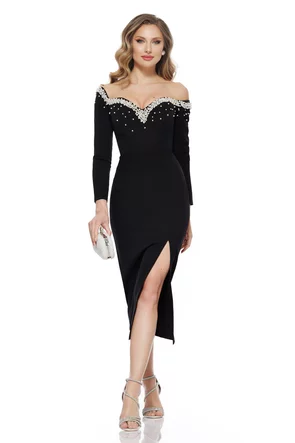 Rochie de ocazie eleganta neagra cu aplicatii spectaculoase de perle pe decolteu