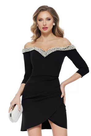 Rochie de ocazie eleganta neagra cu aplicatii spectaculoase de perle si corset
