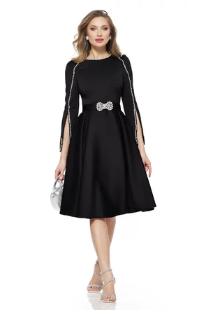 Rochie de ocazie eleganta neagra din neopren cu contururi de cristale si curea