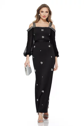 Rochie de ocazie eleganta neagra lunga din neopren cu aplicatii de cristale si maneci de voal