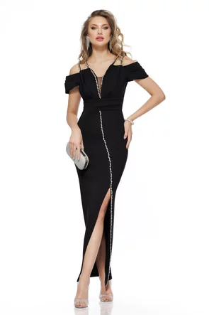 Rochie de ocazie eleganta neagra lunga din neopren cu contururi de cristale 