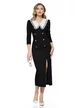 Rochie de ocazie eleganta neagra midi cu guler alb cu volan de organza si nasturi argintii