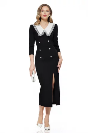 Rochie de ocazie eleganta neagra midi cu guler alb cu volan de organza si nasturi argintii