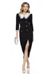 Rochie de ocazie eleganta neagra midi cu guler alb cu volan de organza si nasturi argintii