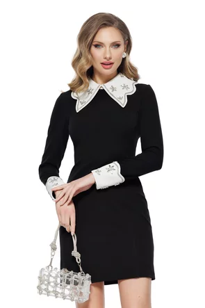 Rochie de ocazie eleganta neagra midi cu guler si mansete  innobilate cu cristale