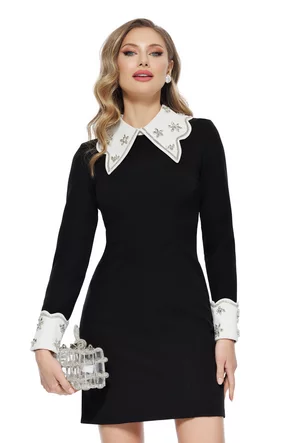 Rochie de ocazie eleganta neagra midi cu guler si mansete  innobilate cu cristale