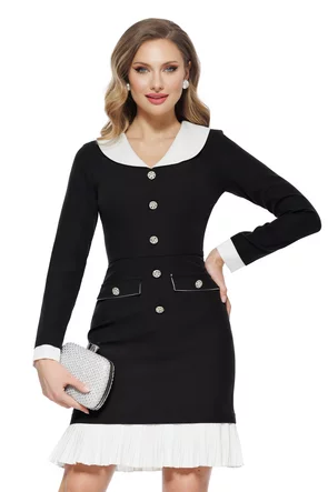 Rochie de ocazie eleganta neagra midi tip sarafan cu volan plisat si nasturi argintii