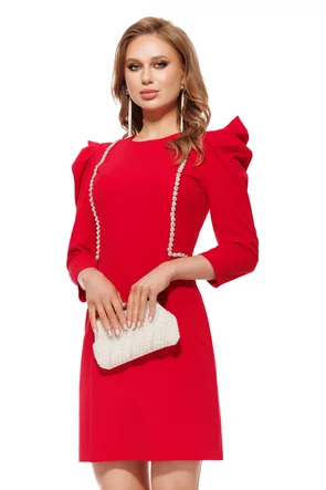Rochie de ocazie eleganta rosie cu insertii spectaculoase de cristale si maneci bufante