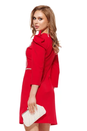 Rochie de ocazie eleganta rosie cu insertii spectaculoase de cristale si maneci bufante