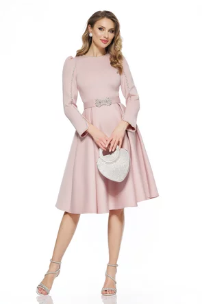 Rochie de ocazie eleganta roz din neopren cu contururi de cristale si curea