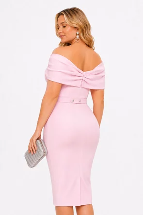 Rochie de ocazie eleganta roz din neopren pe umeri si cristale maxi