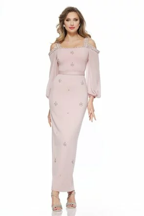 Rochie de ocazie eleganta roz lunga din neopren cu aplicatii de cristale si maneci de voal