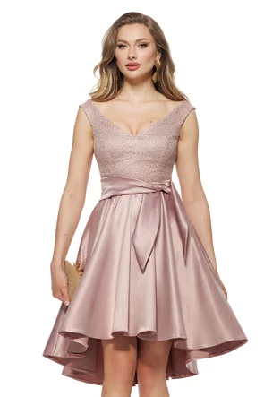 Rochie de ocazie Fofy midi din tafta roz pudra usor elastica cu bust din dantela premium cu paiete fine