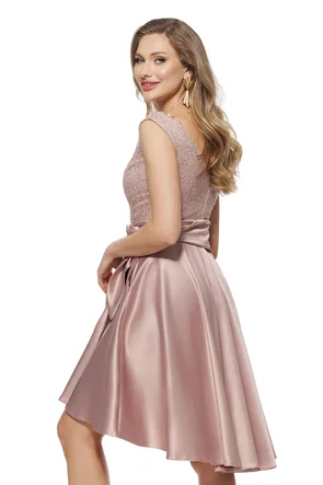 Rochie de ocazie Fofy midi din tafta roz pudra usor elastica cu bust din dantela premium cu paiete fine