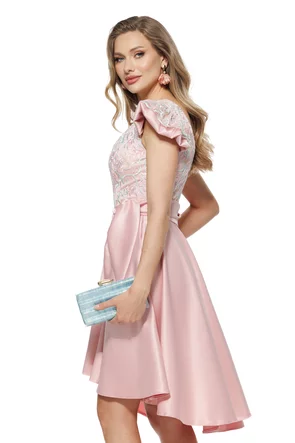 Rochie de ocazie Fofy midi din tafta roz usor elastica cu bust din dantela premium
