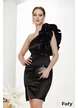 Rochie de ocazie Fofy neagra elegantă din tafta cu volane maxi pe un umar