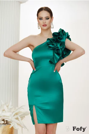 Rochie de ocazie Fofy verde smarald elegantă din tafta cu volane maxi pe un umar