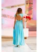 Rochie de ocazie lunga de  din voal usor aqua cu aplicatii argintii in talie si spate gol