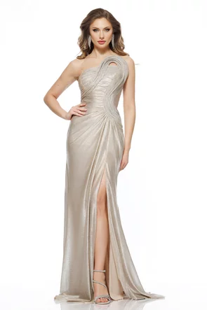 Rochie de ocazie lunga de LUX din lurex auriu cu corset spectaculos