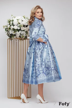 Rochie de ocazie lunga de LUX din tafta bleu imprimata cu decolteu petrecut