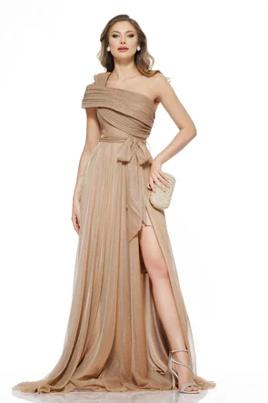 Rochie de ocazie lunga de LUX spectaculoasa din lurex mocca mouse cu bust structurat u 