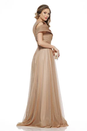 Rochie de ocazie lunga de LUX spectaculoasa din lurex mocca mouse cu bust structurat u 