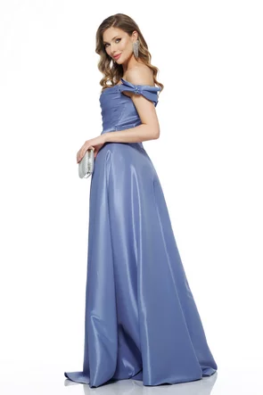 Rochie de ocazie lunga de LUX spectaculoasa din tafta albastra ciel cu corset cu cristale si fundite