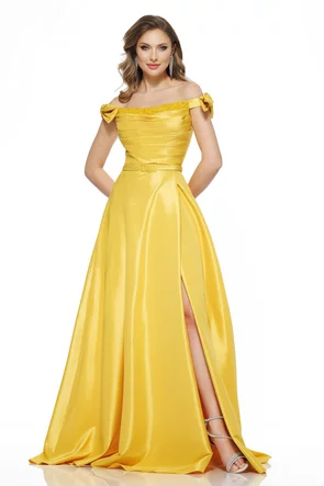 Rochie de ocazie lunga de LUX spectaculoasa din tafta galbena cu corset cu cristale si fundite