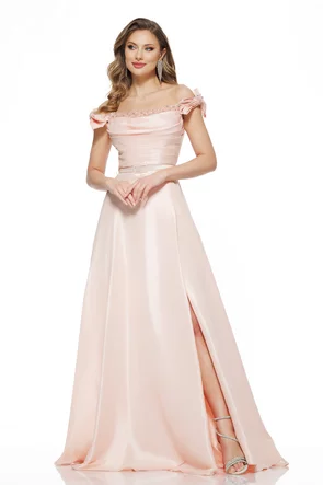 Rochie de ocazie lunga de LUX spectaculoasa din tafta roz cu corset cu cristale si fundite