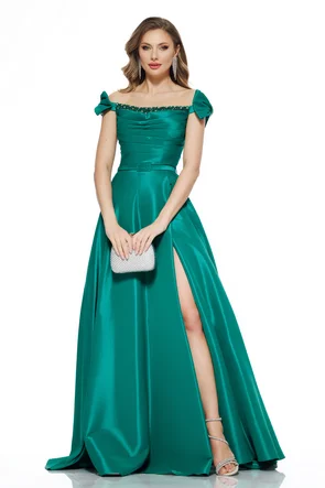 Rochie de ocazie lunga de LUX spectaculoasa din tafta verde cu corset cu cristale si fundite