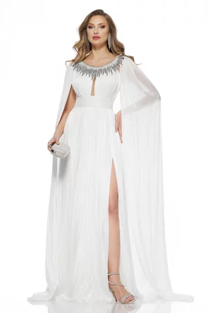 Rochie de ocazie lunga de LUX spectaculoasa din voal alb usor satinat baby blue cu aplicatii argintii si maneci despicate 