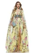 Rochie de ocazie lunga de LUX spectaculoasa din voal cu imprimeu floral satinat baby galben cu aplicatii de cristale si maneci despicate 