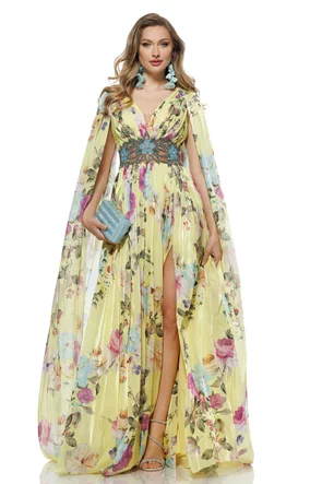 Rochie de ocazie lunga de LUX spectaculoasa din voal cu imprimeu floral satinat baby galben cu aplicatii de cristale si maneci despicate 