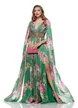 Rochie de ocazie lunga de LUX spectaculoasa din voal cu imprimeu floral satinat verde cu aplicatii de cristale si maneci despicate 