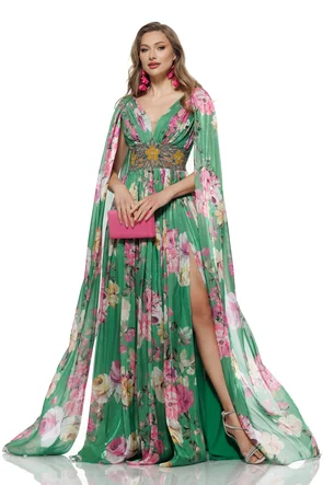 Rochie de ocazie lunga de LUX spectaculoasa din voal cu imprimeu floral satinat verde cu aplicatii de cristale si maneci despicate 