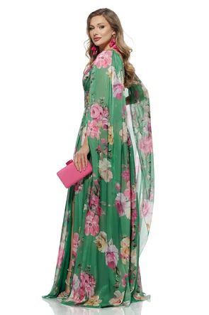 Rochie de ocazie lunga de LUX spectaculoasa din voal cu imprimeu floral satinat verde cu aplicatii de cristale si maneci despicate 