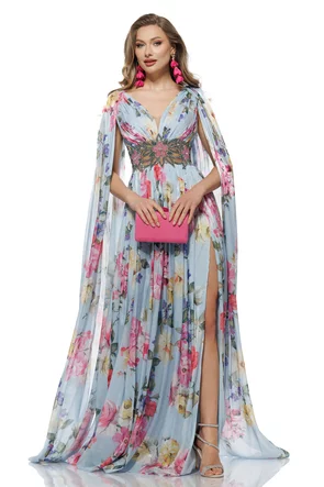 Rochie de ocazie lunga de LUX spectaculoasa din voal cu imprimeu foral satinat baby blue cu aplicatii de cristale si maneci despicate 