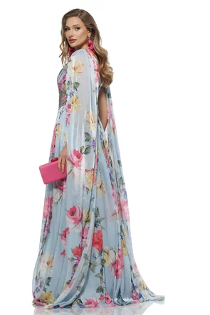 Rochie de ocazie lunga de LUX spectaculoasa din voal cu imprimeu foral satinat baby blue cu aplicatii de cristale si maneci despicate 