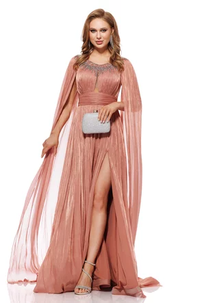 Rochie de ocazie lunga de LUX spectaculoasa din voal dusty rose usor satinat cu aplicatii argintii si maneci despicate