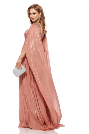 Rochie de ocazie lunga de LUX spectaculoasa din voal dusty rose usor satinat cu aplicatii argintii si maneci despicate