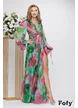 Rochie de ocazie lunga de LUX spectaculoasa din voal imprimeu floral verde si cristale in talie