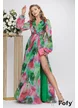 Rochie de ocazie lunga de LUX spectaculoasa din voal imprimeu floral verde si cristale in talie